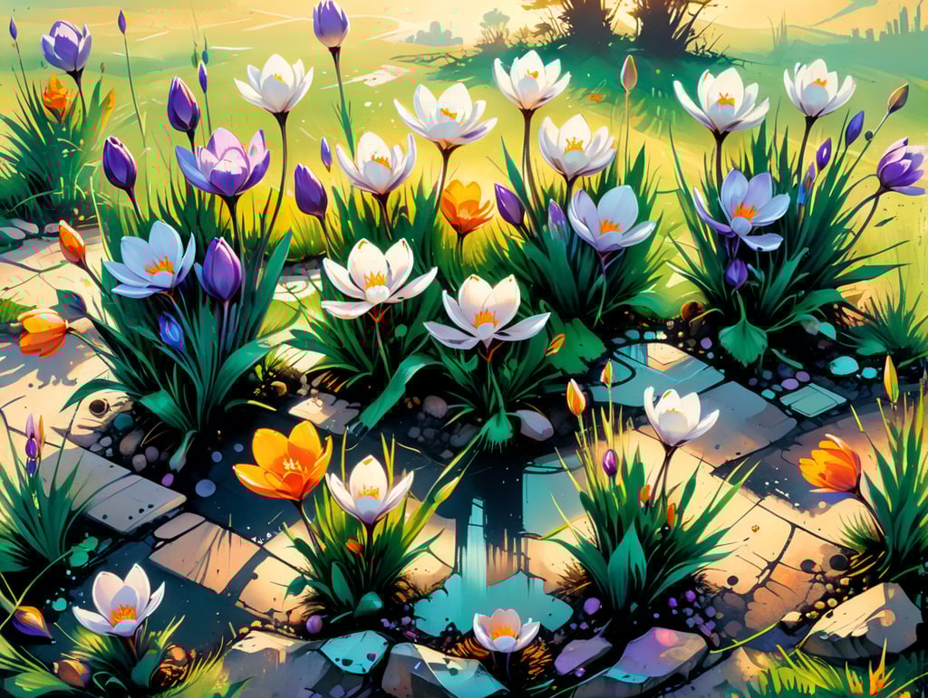 Crocuses growing in a grass lawn in spring. Viewed from ground level.