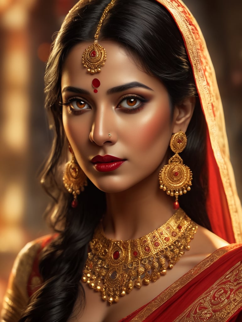 Maa Durga Bengal, rich beautiful sari, bright makeup, golden jewelry, long black hair, brown eyes, red lips.