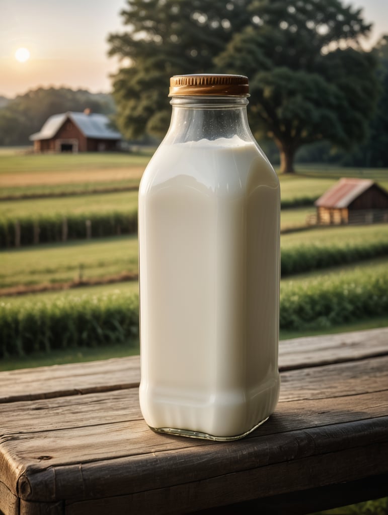 A mockup of a square bottle of milk, early morning, farm blurred background