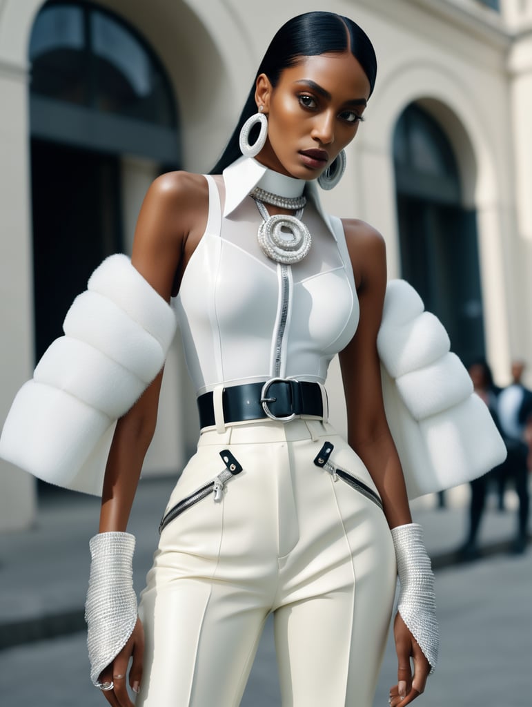 Donyale luna, model, 8k resolution, hyper realistic, day, 35mm film, editorial, high fashion, 2023, off white by virgil abloh