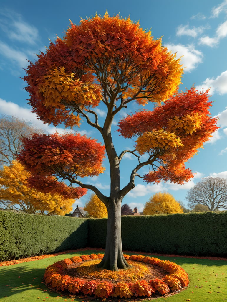 very small hornbeam tree, with autumn coloured leaves, red, orange, brown, yellow. In a small English garden with a light blue sky, son shining