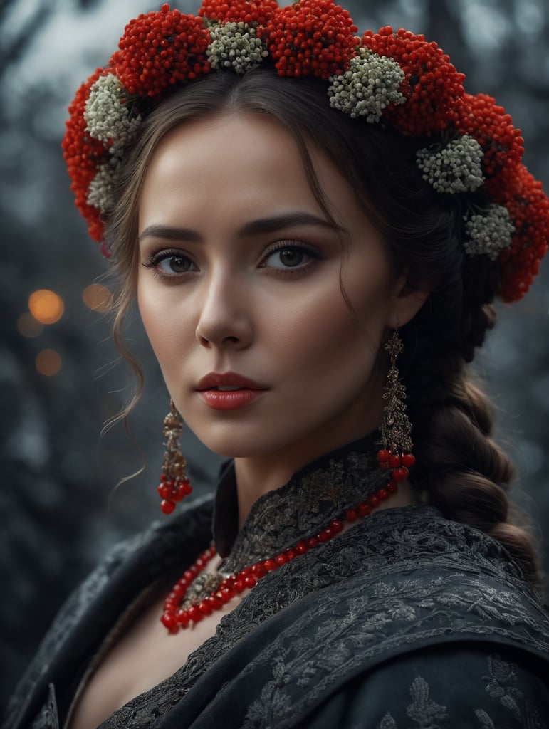 Portrait of a Beautiful women from Russian fairy tale wearing traditional costume around bunches of rowan