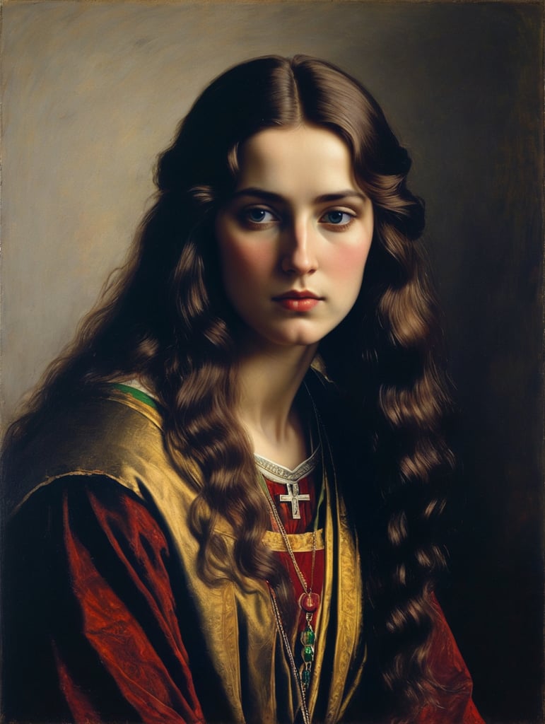 A masterpiece portrait by John Everet Millais of a beautiful saint woman, straight hair