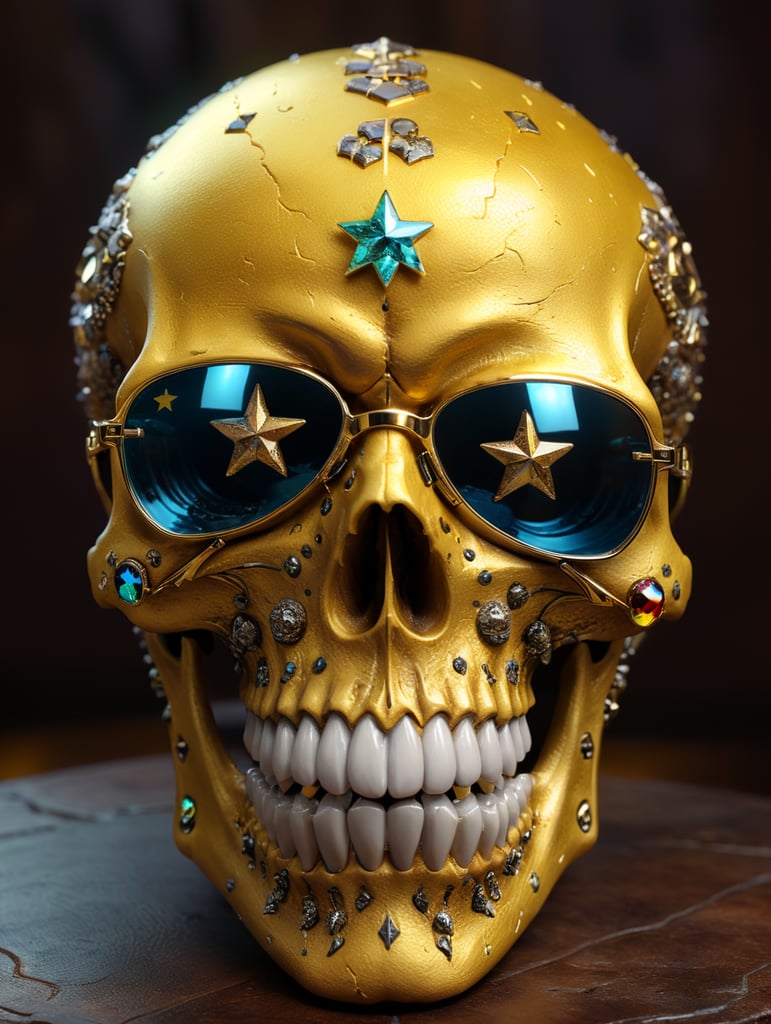 a skull made of holographic material with star-shaped glasses and leopard-fur lenses, yellow background