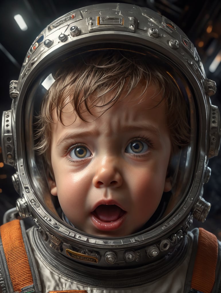 a child in a space suit with a surprised look on his face
