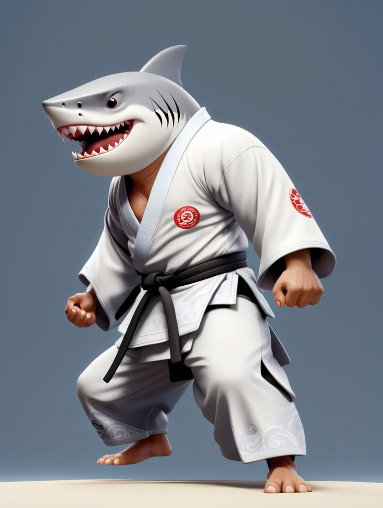 humanoid shark in judo kimono stay in action pose and angry face