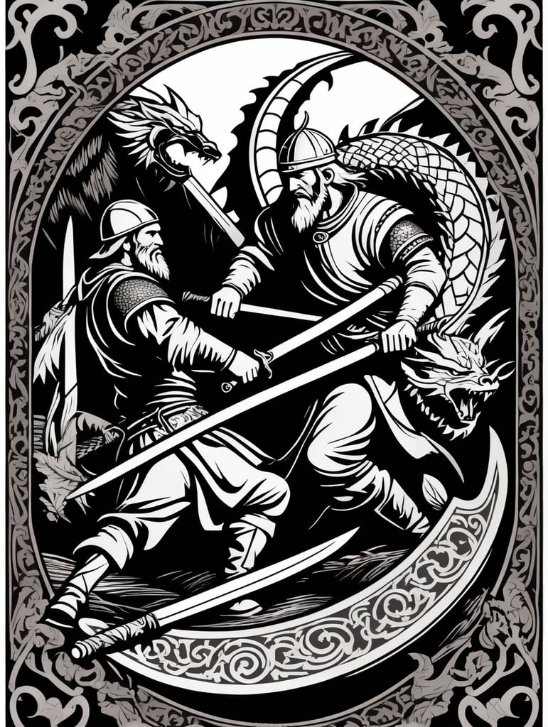 Peasant and dragon combat, wood cutting style, vector graphics, viking era, bevel with rune, black and white