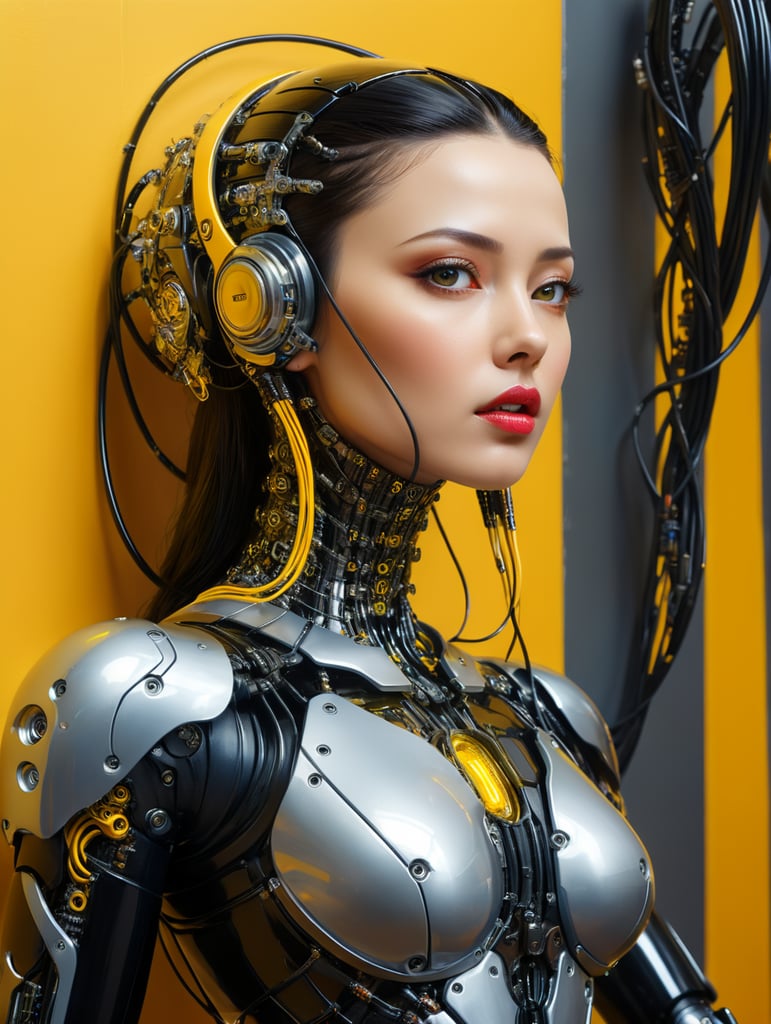 Half body photography, in front of a yellow wall, a futuristic cyborg woman, full of cables and wires and led, an well shaped transparent dark plexiglass latex body plc robots with silver motor head, 80 degree view, art by sergio lopez, natalie shau, james jean and salvador dali