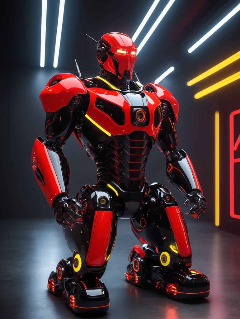 a red and black robot with neon lights, in the style of light black and yellow, octane render, polished craftsmanship, aquirax uno, precise craftsmanship