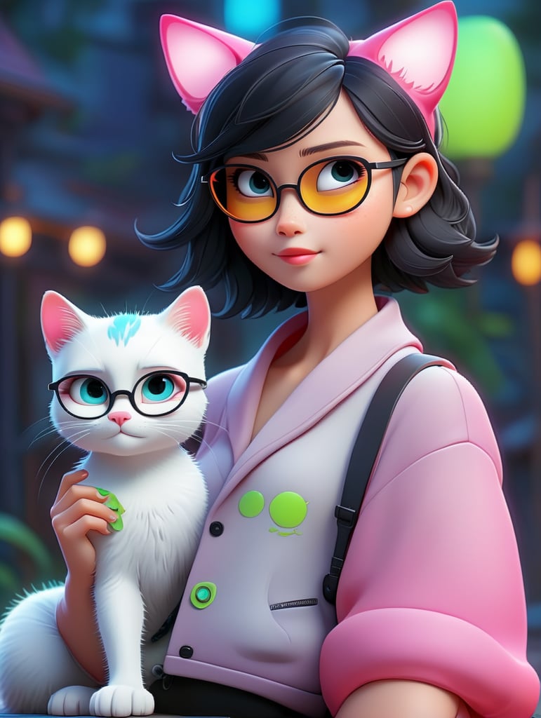 Premium AI Image, modern anime character of Chinese girl AI generated, neon, sunglasses, small cat, lizard