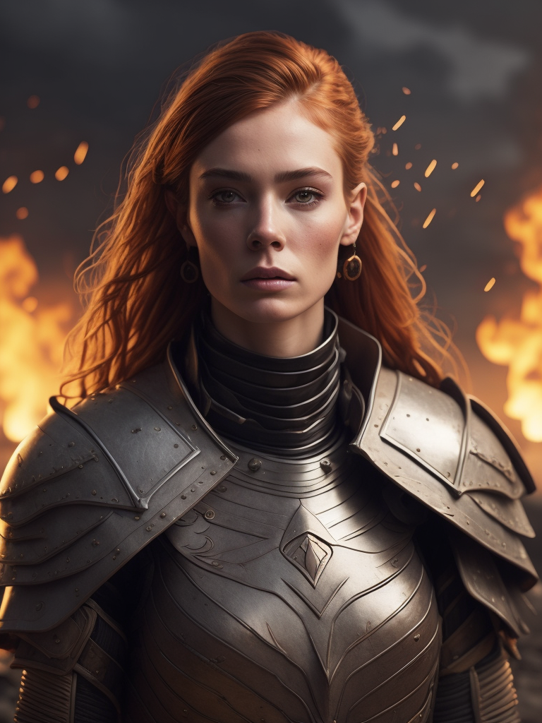 detailed illustration of ginger female divine paladin wearing full plate armor, heavily damaged armor, standing sad on a battlefield, battlefield on fire as background, dirt, misery and decadence, dark ambient, art by Mschiffer, tetradic colors,