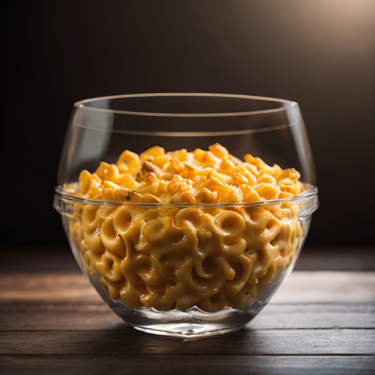 hot mac n cheese in a glass bowl on wooden table, dark background, high in detail, dramatic light