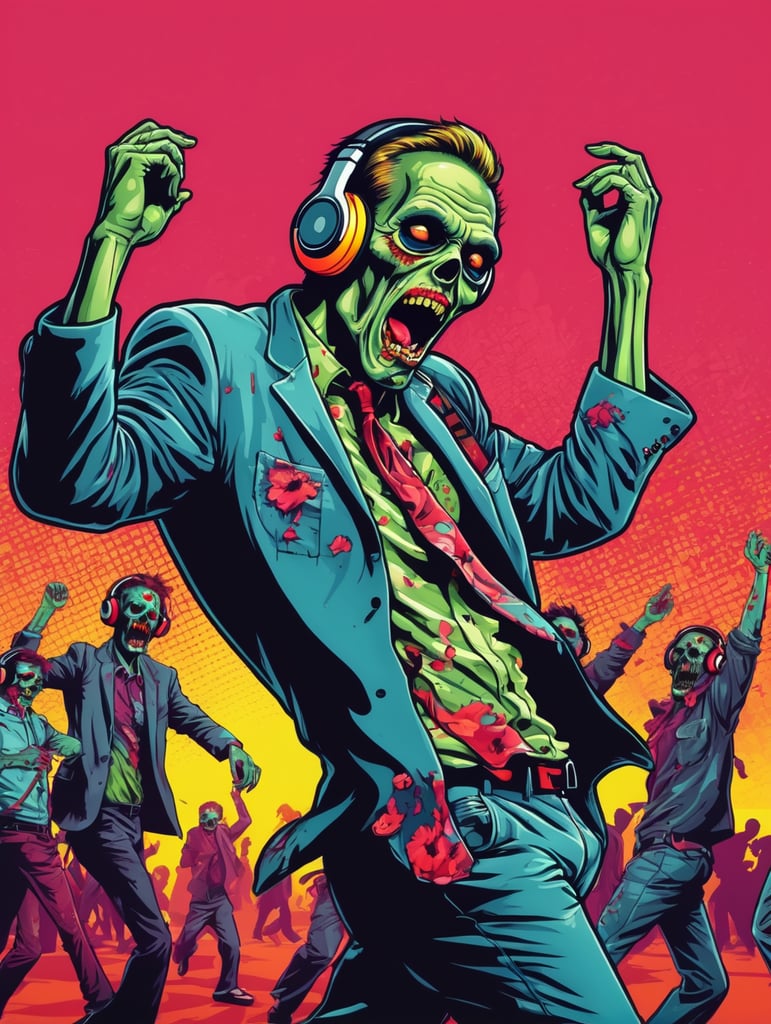 Pop art illustration, sticker, zombie dancing with headphones