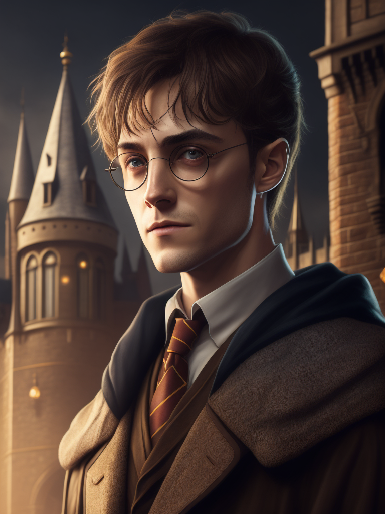 Portrait of Harry Potter in medieval style, detailed face, contrasting light, Against the backdrop of the castle,