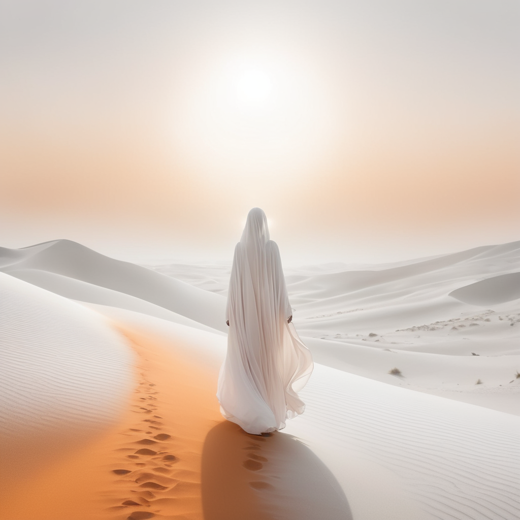 view from behind(((ethereal misty orange cloaked woman figure))), clad in light tones, advancing through a (((dunescape))) under a (glowing, ethereal full moon), with (vast, silvery sand dunes) reflecting an otherworldly light around its surroundings, abstract art