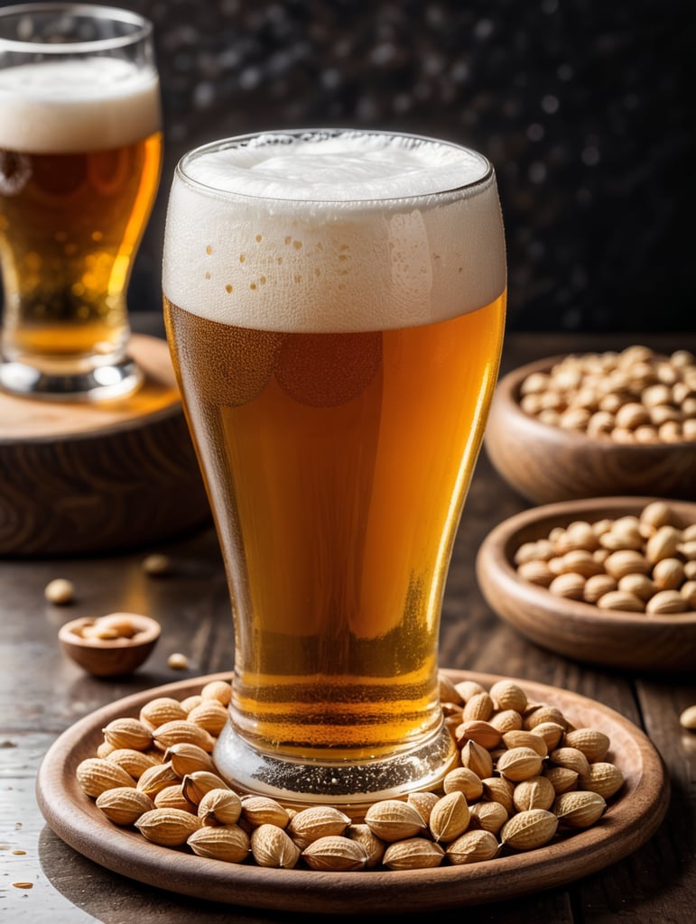 small round stainless steel plate filled with dozzens of dry peanuts, one gorgeous pint of beer, beer swirl inside glass, one inch of white foam on top, transparent beer, frozen glass, advertisement, highly detailed
