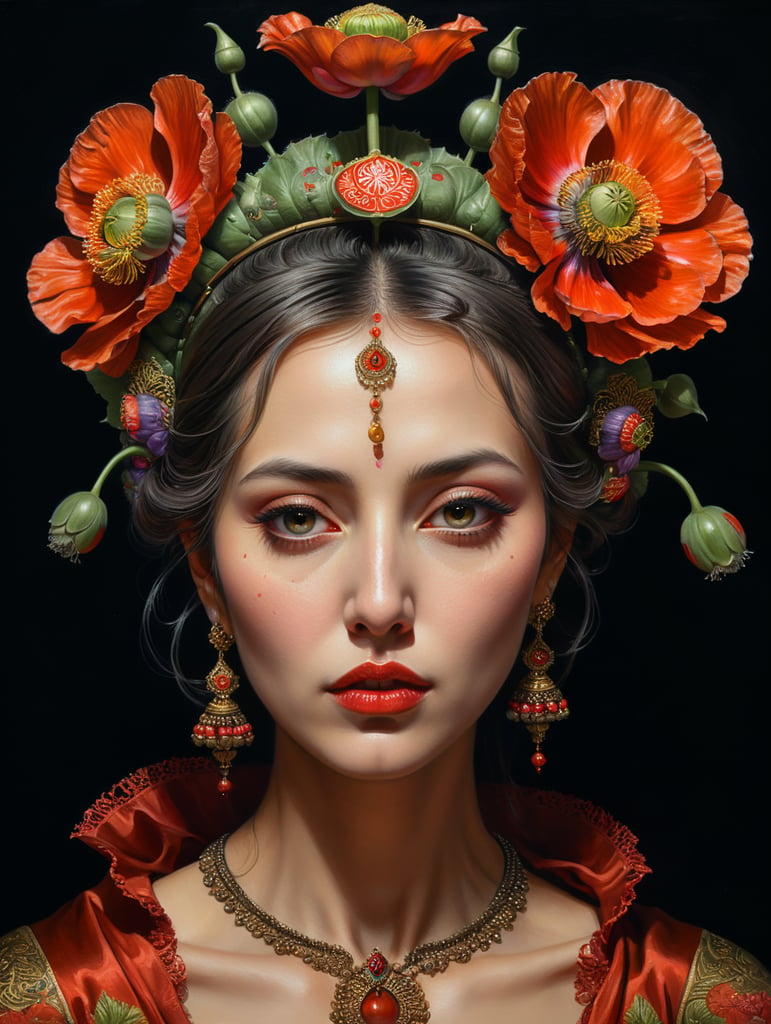 Türkan Şoray, ultrafine detailed painting of a woman with a n opium poppy flower in her hair, whimsical, detailed painting