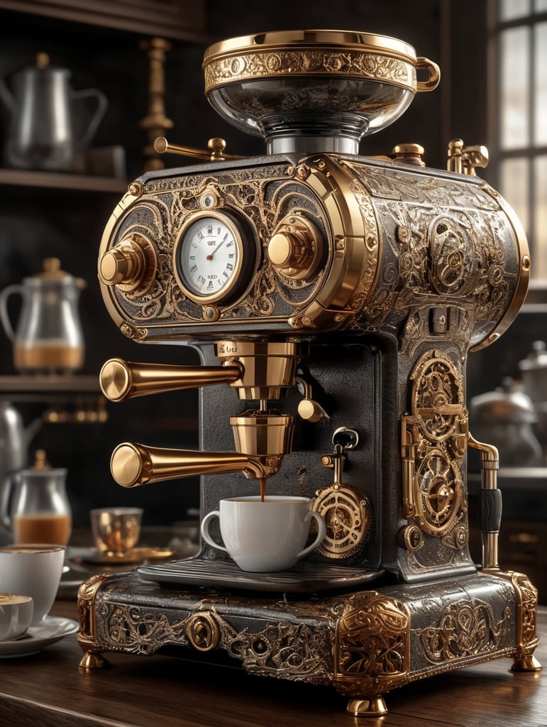 coffee maker made in steampunk style, decorated with gold, carved white plastic, ivory color, deep engraving