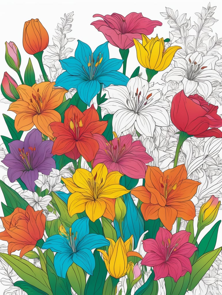 create a vivid colorful a4 size cover page for coloring book on flowers. white background many colorful flowers make the cover bright and vivid where the flowers are overlapping each other, include roses lily's and other flowers on the cover page make the colours bright in two tone and let the colours pop