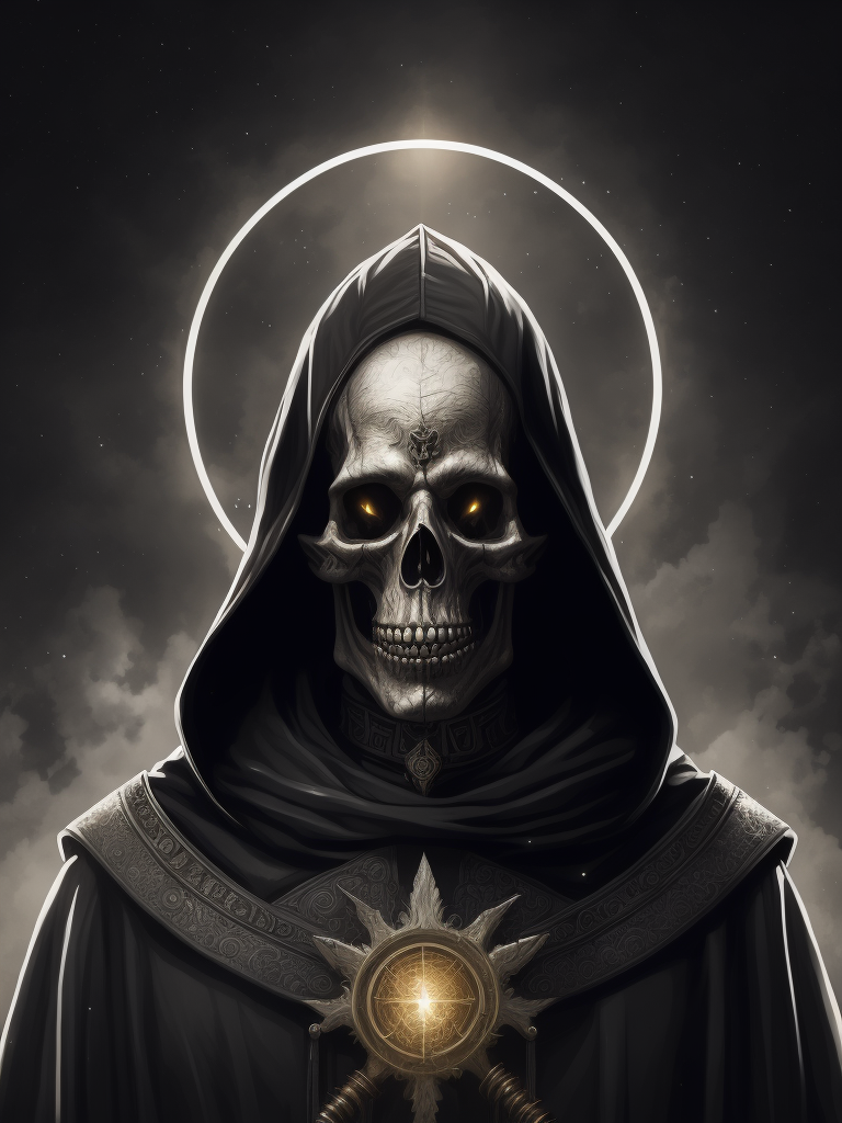 black ink illustration of a skeleton pope with a glowing halo around his head, black background, highly detailed, gig poster style