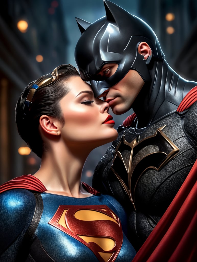 Superman kissing catwoman, bright and saturated colors, elegant, highly detailed, vogue, fashion magazine, sharp focus, dramatic lighting, depth of field, incredibly high detailed, blurred background'