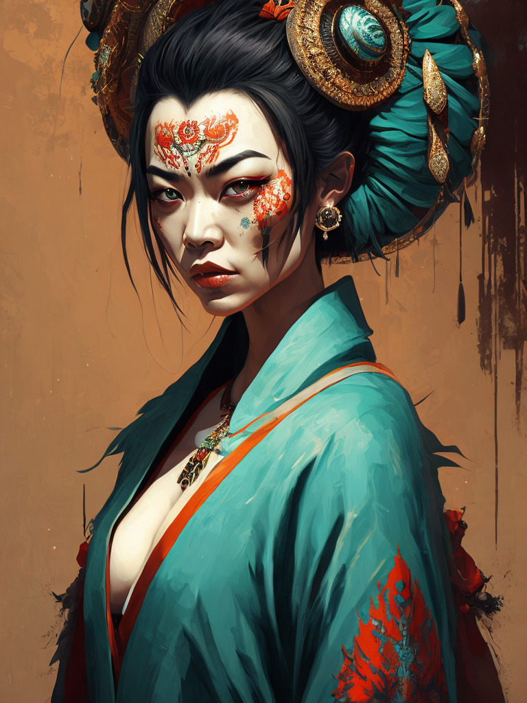 Portrait art of undead geisha, detailed, intricate, full of colour, cinematic lighting, focused, extreme details, cinematic, masterpiece