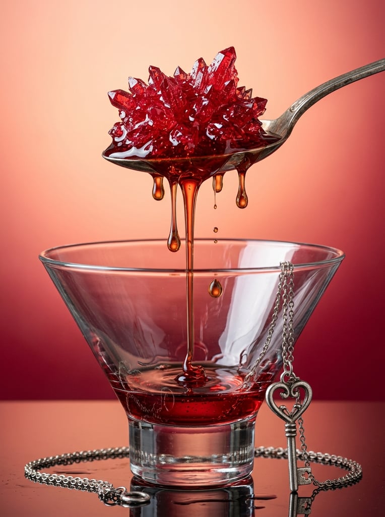 spiky translucent red mass on silver spoon, thick red syrup dripping into clear martini glass, dangling chain with silver heart key, hyper-realistic surreal still life, glossy reflections, peach to crimson gradient
