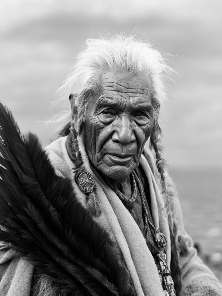 Canada's First Nations people, rare historical photo, black and white photography, a old man, traditional costume, redskin, native Americans