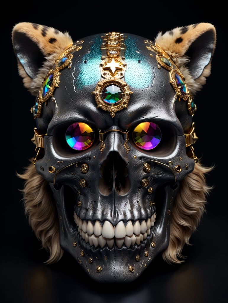 a skull in the middle of a black background made of holographic material with star-shaped glasses and leopard-fur lenses