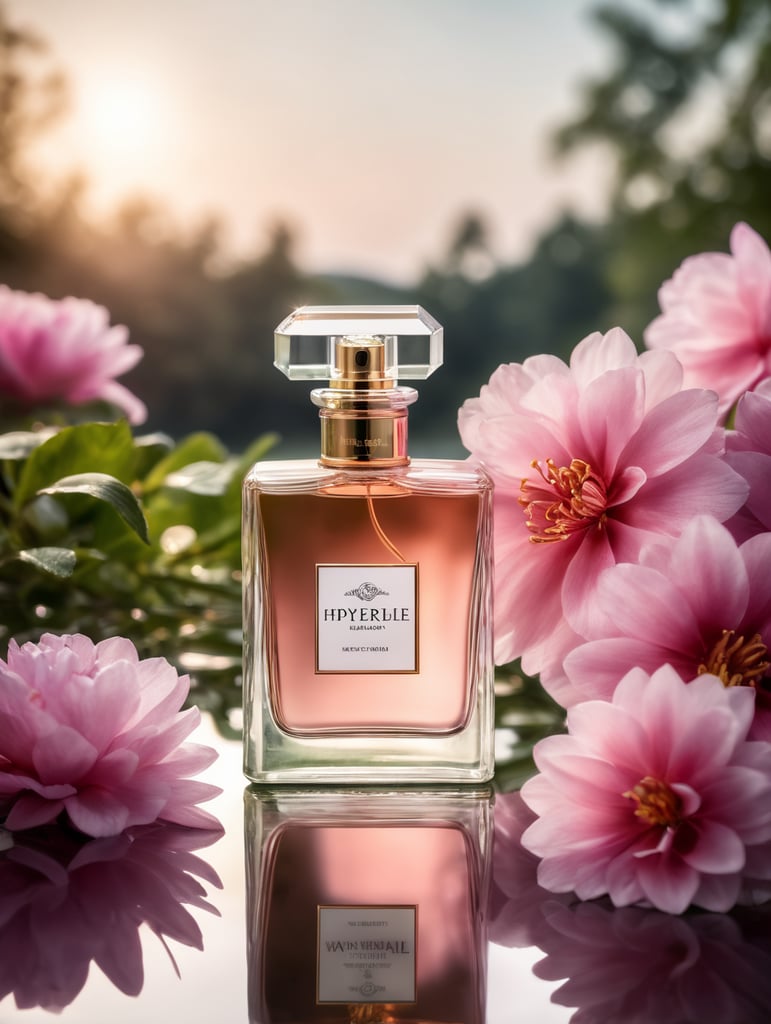 A bottle of perfume with pink flowers on the top, dreamlike atmosphere, bright,product view, luxury brands, mirror, careful design, surreal water, quiet pastoral scenes, Canon shooting, depth of field, focusing on perfume,soft focus,Render, best quality, 8K,