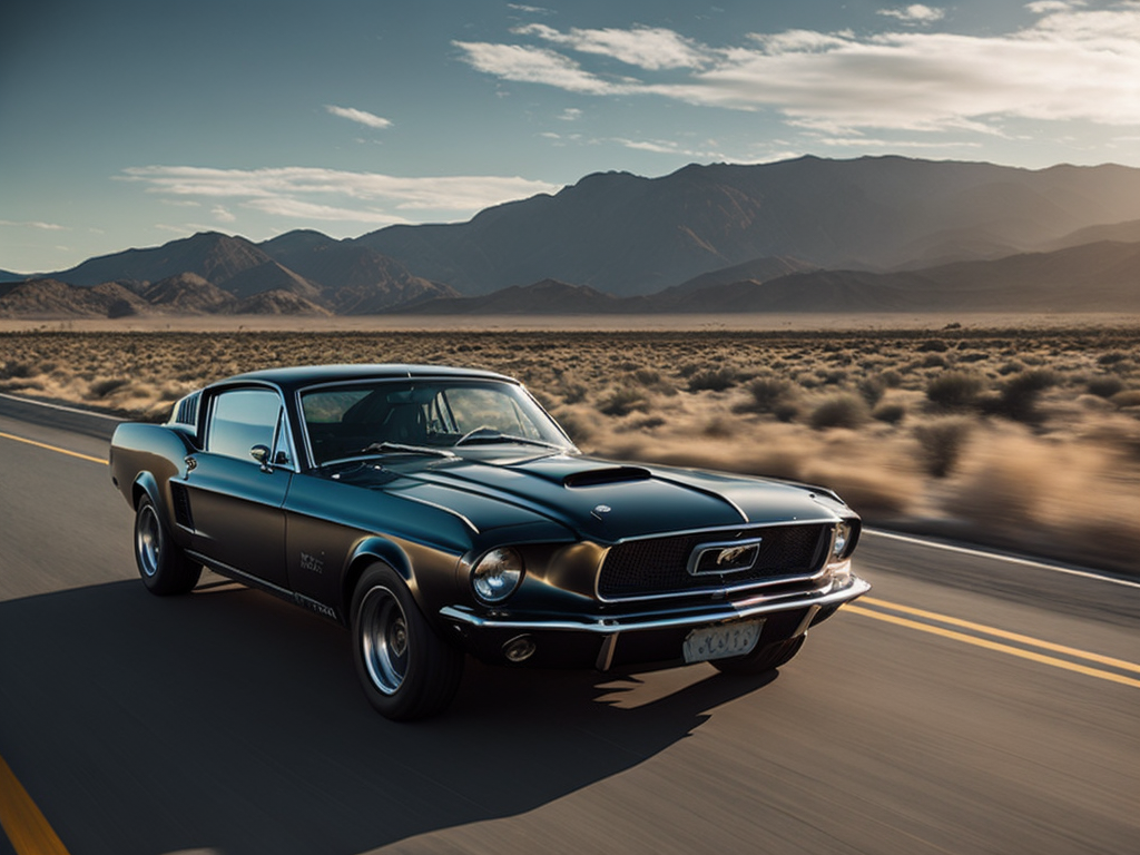 1968 black ford mustang on the highway, speeding towards the sun, sunset, mountains in the background