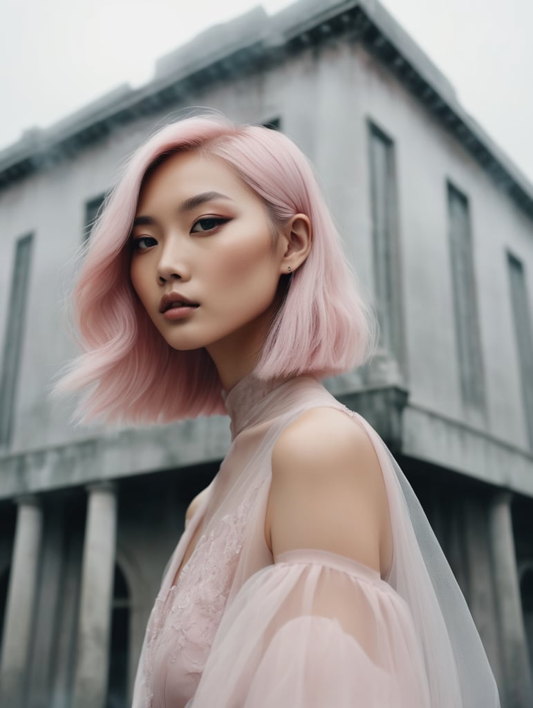 Portrait of haute couture beautiful asian fashion model with pale pink hair, ethereal dreamy foggy, photoshoot by alessio albi, editorial fashion magazine photoshoot, fashion poses, in front of brutalist building architecture. kinfolk magazine. film grain. a soft smile