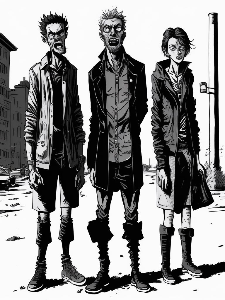 new yorker graphic novel style line art of three zombies standing on a post apocalyptic street