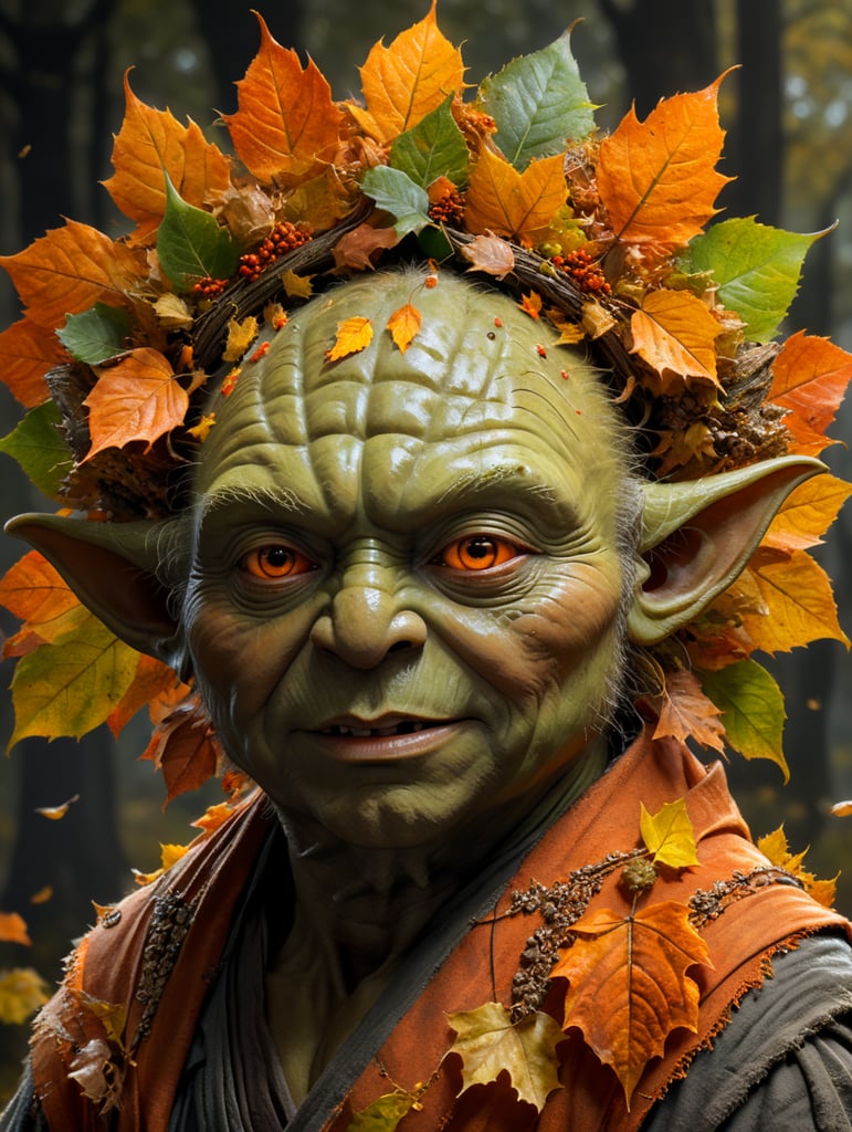 master yoda with autumn leaves in his hair, orange color hairs, looking happy and positive