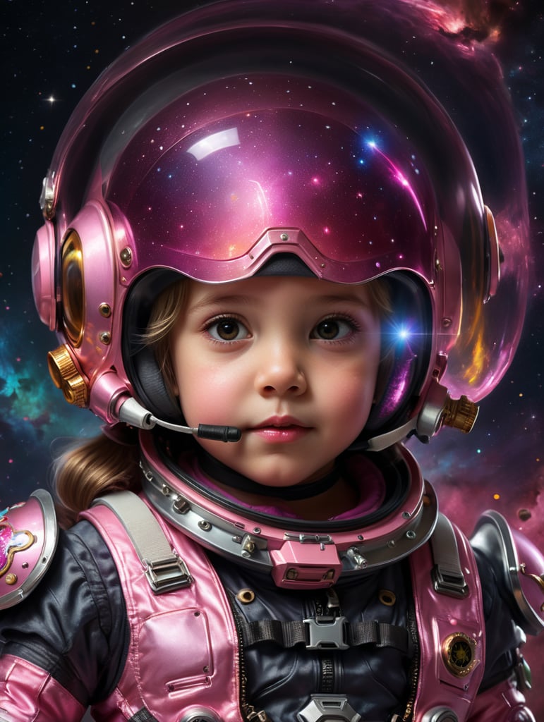 Half-body Portrait photography of a little girl Astronaut, wearing a pink Astronaut Costume and pink astronaught helmet, 50 degree view, artwork, cosmic fantasy background