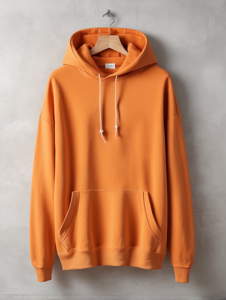 drop shoulder orange vintage washed hoodie without drawstrings blank mockup, laying on a concrete floor