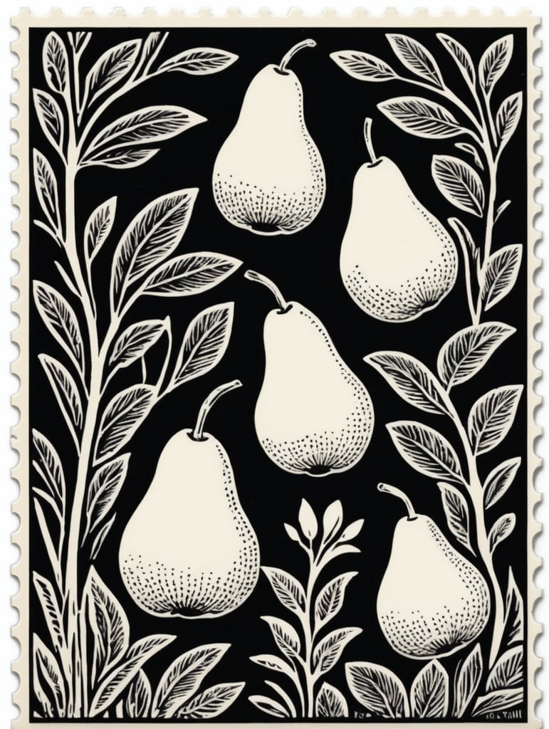 Black and white linocut postage stamp pear garden thick bold dark lines