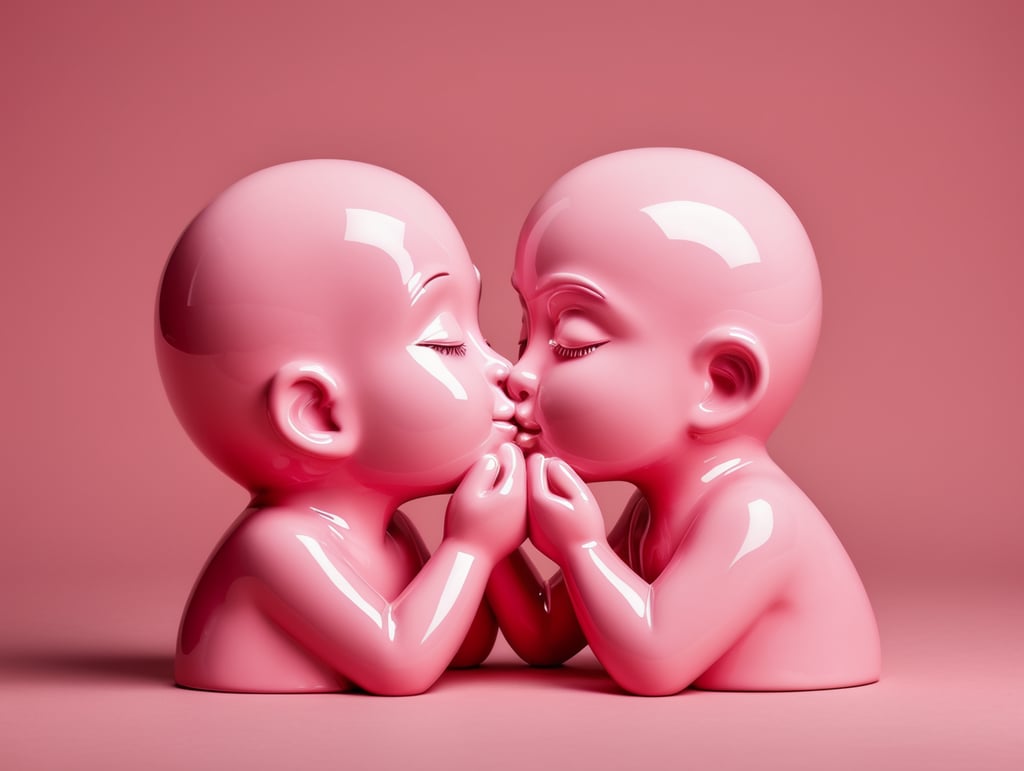Kiss Art: Two pink glazed ceramic single color figures kissing each other, isolated, pink background