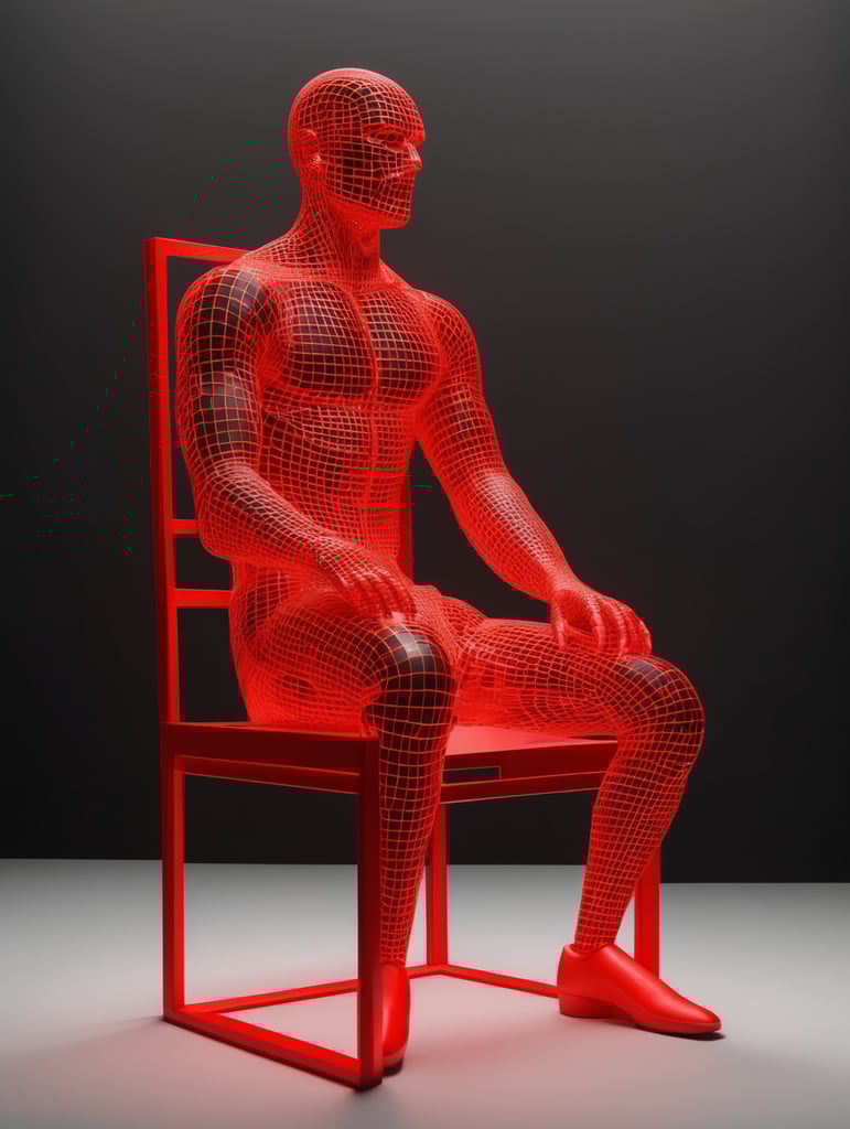 A three-dimensional model of a chair made of a neon-red regular uniform grid of streamlined squares over the entire surface of the body, for the effect of volume and depth on a dark background-there are --no mirror reflections