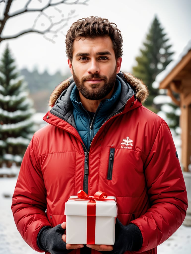 portrait of a bearded curly man wearing red puffer jacket, stands front camera with gift box his hand, snowy weather, Christmas time