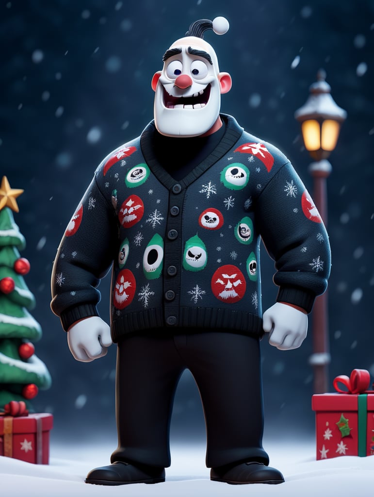 Jack Skellington standing wearing an ugly Christmas sweater