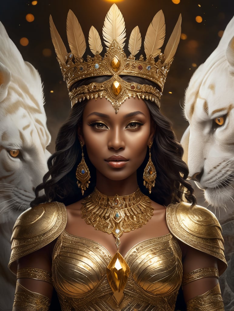 Nubian princess wearing golden crown with bones and a golden dress with feathers and riding a roaring white tiger with golden wings standing over a hill with a sunset in the background