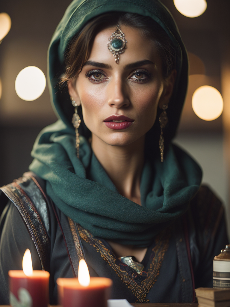 Portrait of a traditional gypsy woman wearing traditional costume with a green scarf on her head, in front of a table with a deck of cards and candles. Bright, saturated colors, elegant, highly detailed, fashion, fashion magazine, sharp focus, bright expressive makeup, dramatic lighting, shallow depth of field, incredibly high detailed blurred background, professional digital painting, concept art