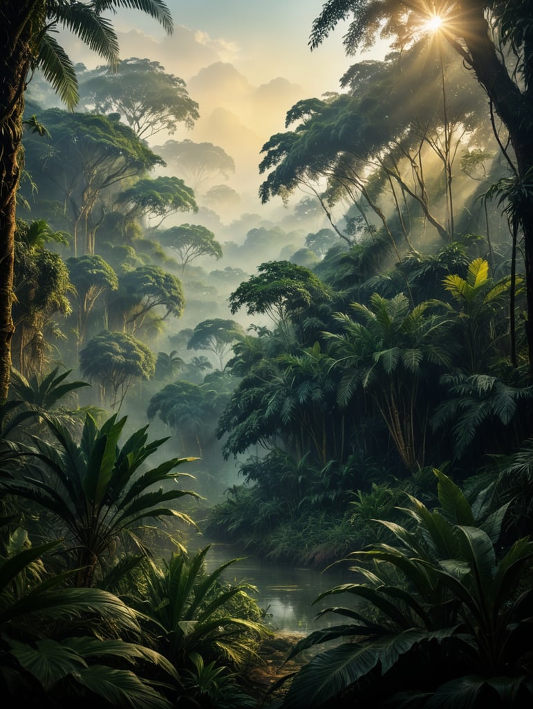 (((digital painting style))) Jungle with misty atmosphere, conceptual ilustration, golden hour, digital painting effect, Dusan Markovic style, masterpiece, utra quality, extreme details