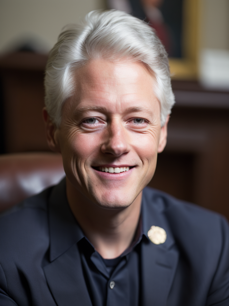 Portrait of bill clinton in a dark blue suit, portrait in the white house oval office, sharp focus, highly detailed, photorealistic photoreal: 1.4, lifelike,highly detailed CG unified 8K,looking at the viewer smiling, (HQ skin:1.4), 8k uhd, dslr, soft lighting, high quality, film grain, Fujifilm XT3, smiling front camera.