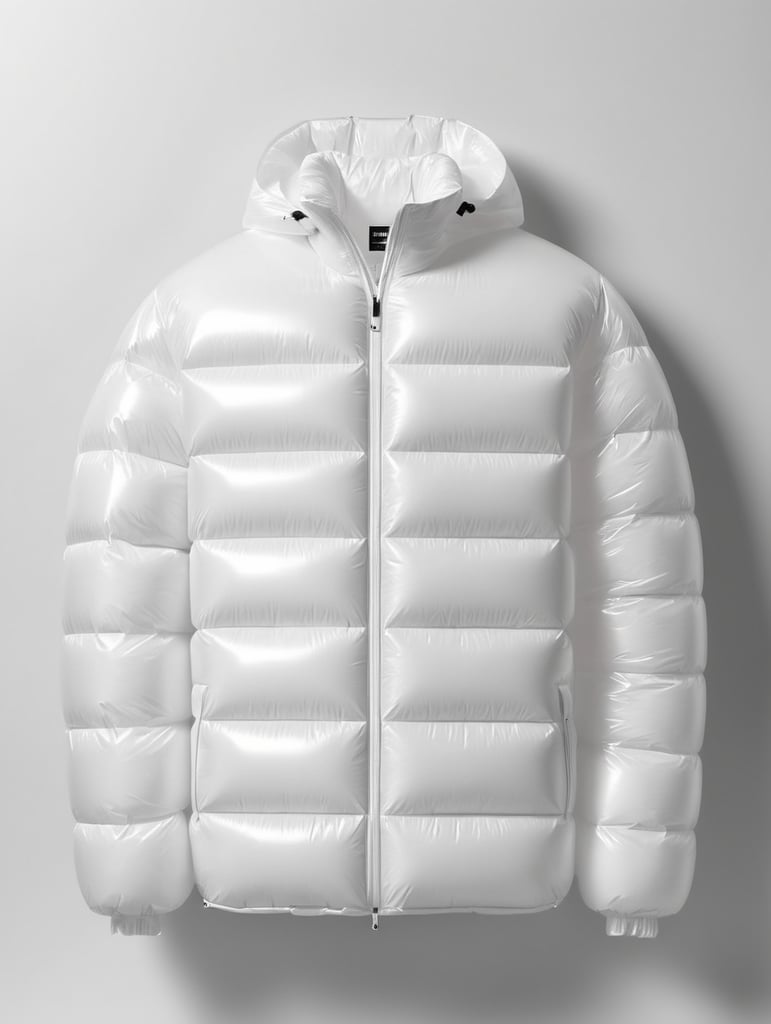 Inflatable white minimalist man's puffer jacket, transparent, isolated, grey background, mockup