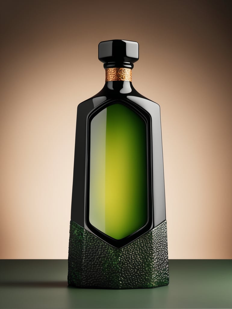botella de tequila luxury de material ceramico negro con difuminado verde y ambar hexagonal y alta sin etiquetas, tapadera de con textura de basalto, mockup, mock up