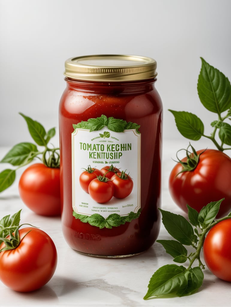 tomato ketchup jar, red tomato with green leaves, isolated, white background, mockup