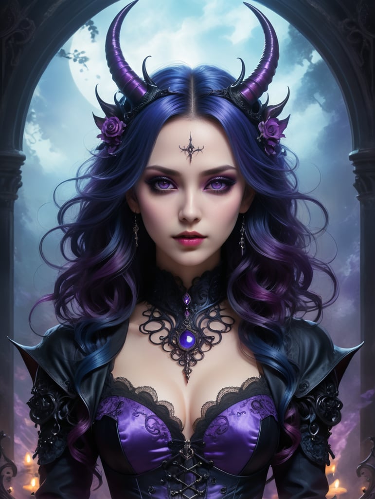Design an anime character in a gothic style with a touch of atractive. The character should have small adorned horns, and be draped in dark-toned clothing. Set the character against a background with a perspective view featuring swirling hues of purple and blue magic. dark silhouette Character Design: Gender: Female Appearance: Style: Gothic very beautiful and dark Features: Small adorned horns (placement at your discretion) Body: hourglass figure Hair: Long and flowing, dark-colored (black, dark purple, etc.) Eyes: Mysterious and captivating (color open to interpretation) Clothing: Dark, gothic attire with intricate details (corsets, lace, etc.) Expression: mysterious Background: Style: Magical and ethereal Colors: Swirling hues of purple and blue, creating a mystical atmosphere Perspective: Background should have depth, possibly with elements fading into the distance More magic and mysterious