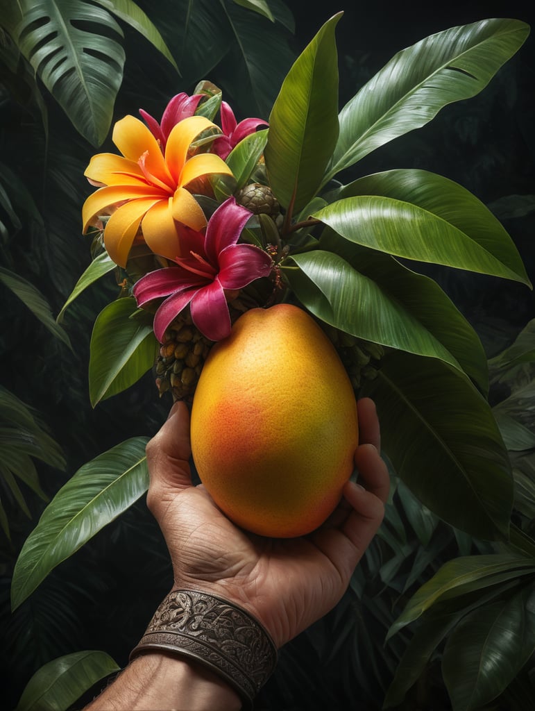 a hand holds a mango with a tropical flowers